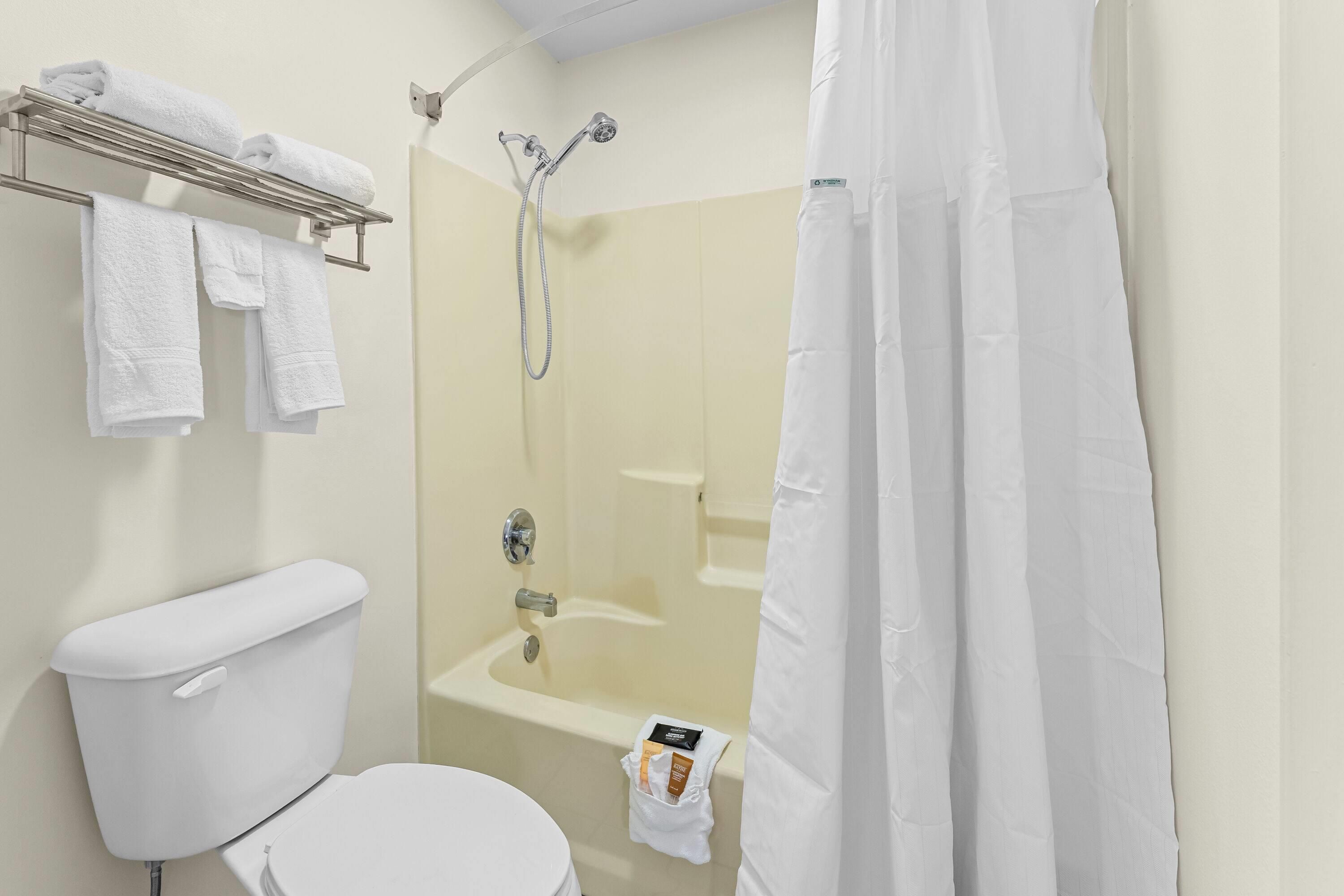 A bathroom with a toilet, a shower, and a towel rack.