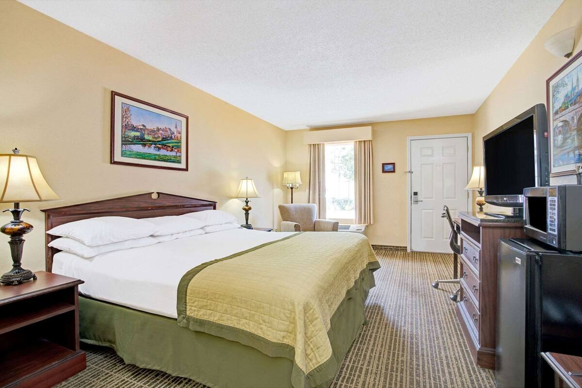 Une chambre d’hôtel comprenant un lit, des lampes de chevet, une télévision, un réfrigérateur, un bureau, une chaise et une porte.