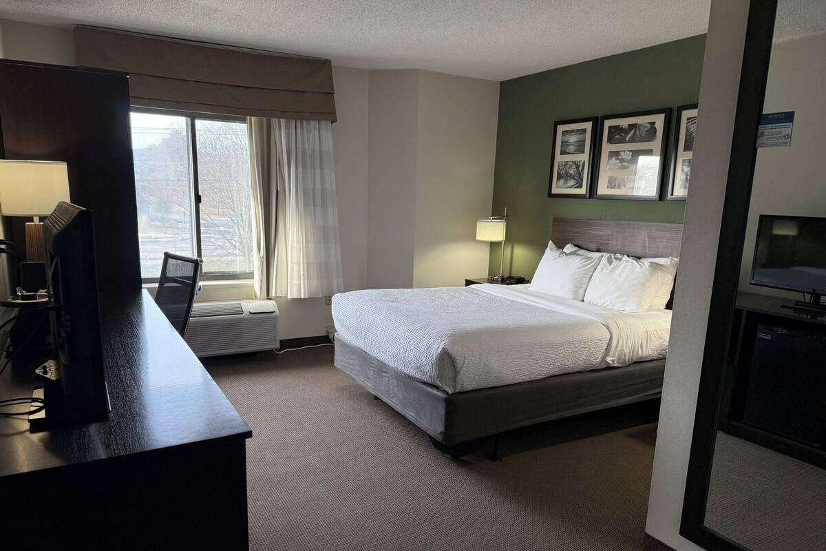 A hotel room with a bed, a desk, a television, and a window with curtains.