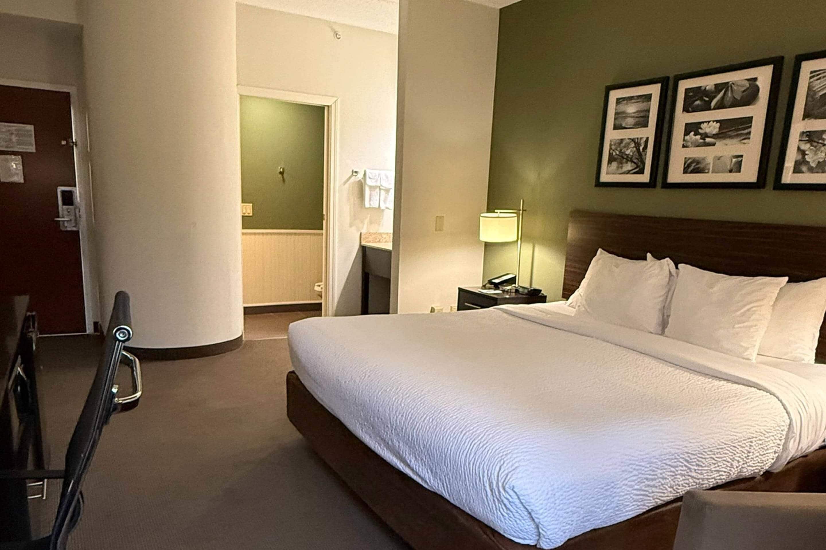Una habitación de hotel con una cama grande, una mesita de noche con una lámpara, un cuadro colgado en la pared y una puerta que da a un baño.