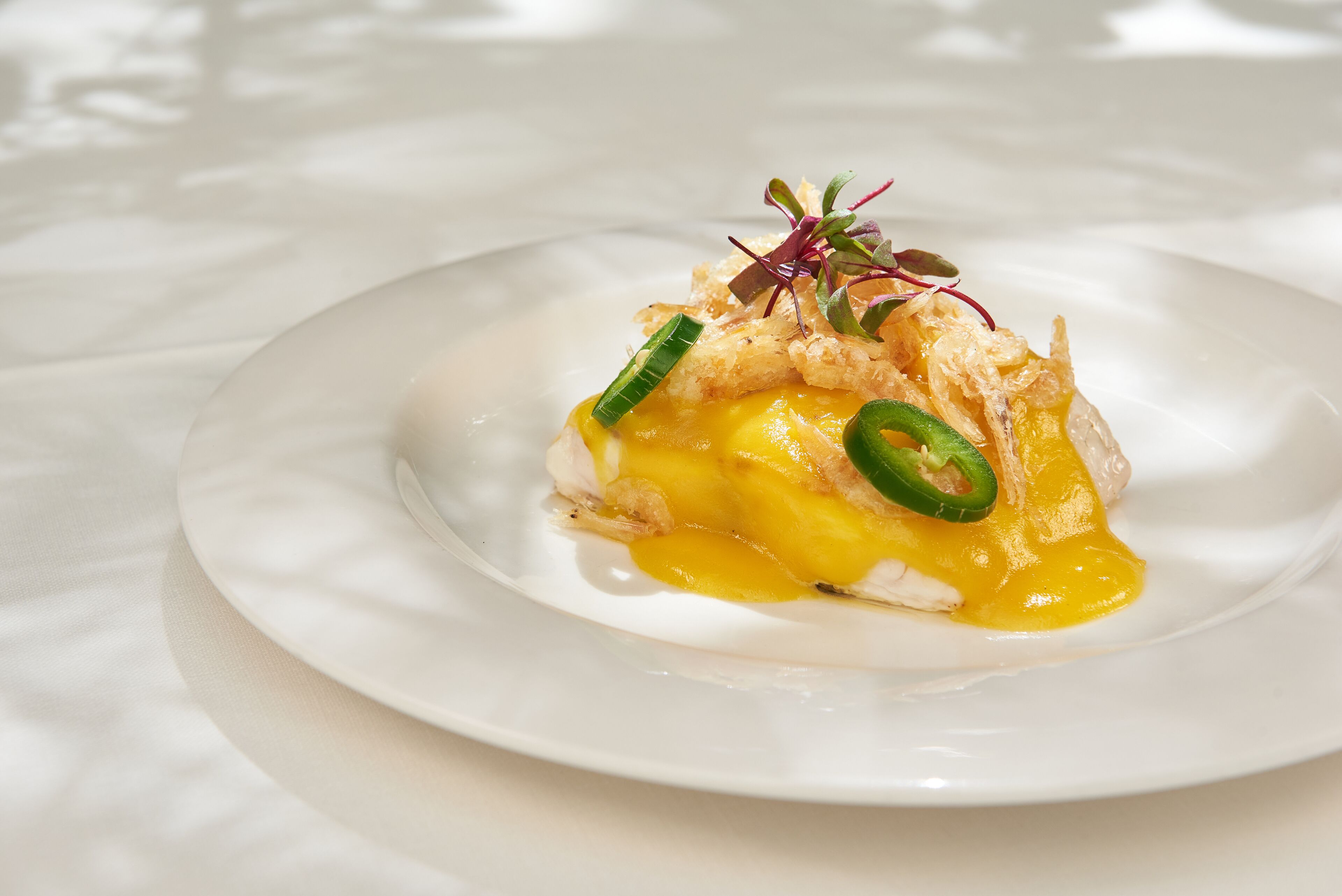 A white plate with a dish that includes a piece of fish, yellow sauce, and green garnish.
