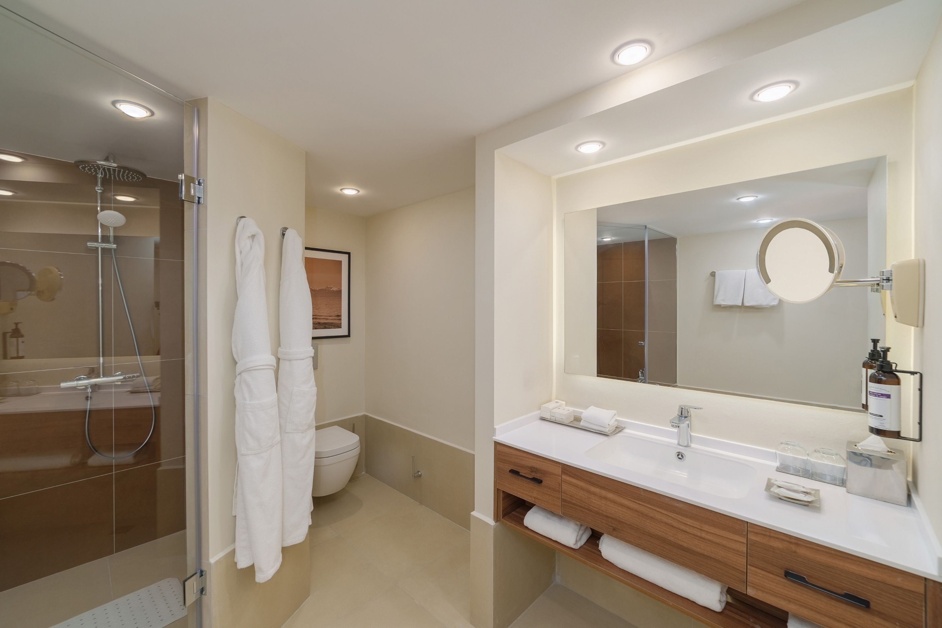 A modern bathroom with a glass-enclosed shower, a large mirror, and a wooden vanity.