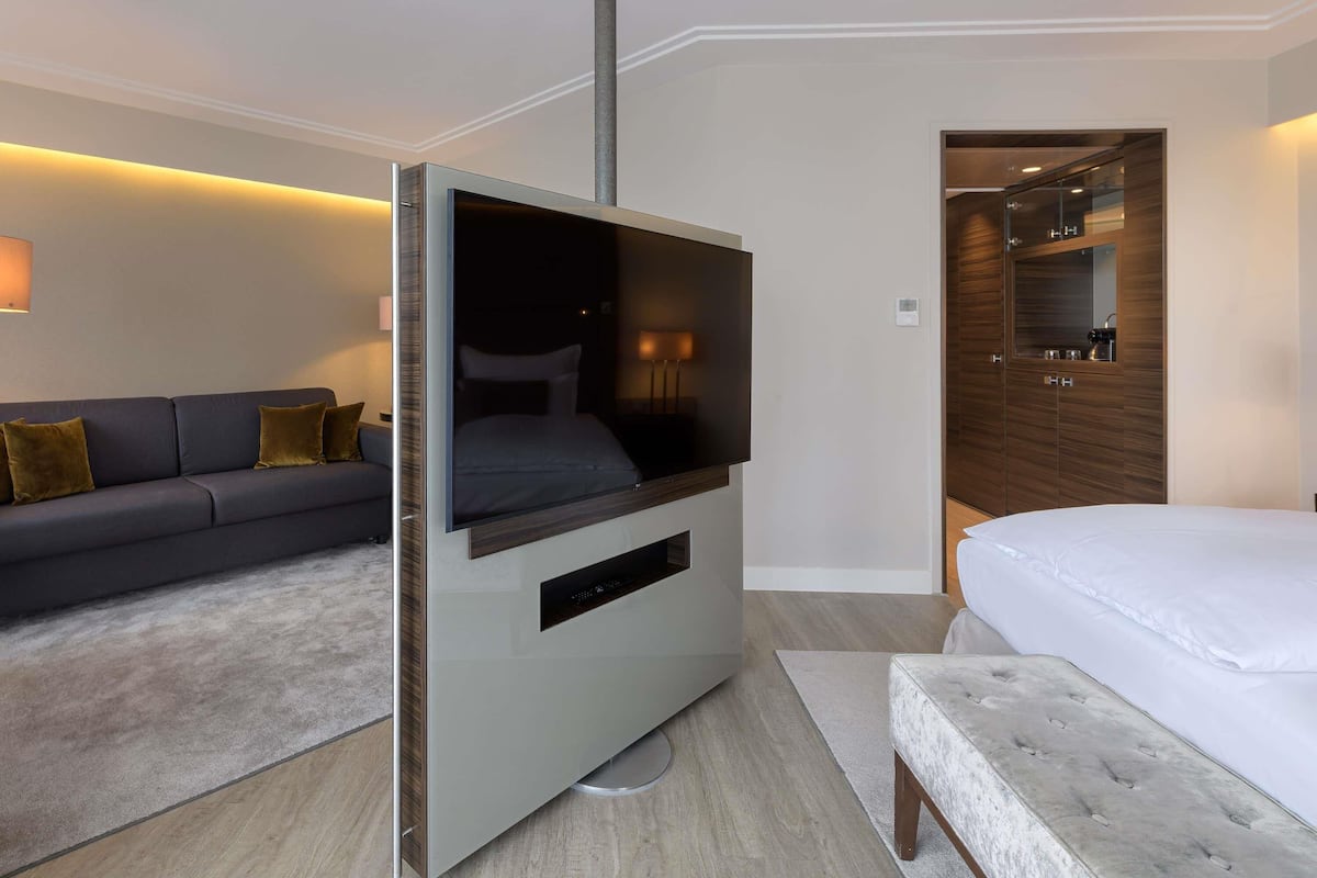 Una habitación de hotel moderna con televisión de pantalla plana, un sofá, una cama y un vestidor.