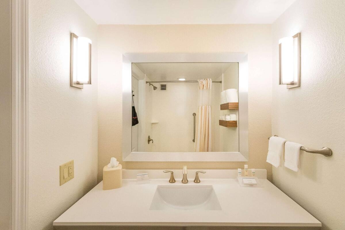 Un bagno con un grande specchio, un lavabo con tre rubinetti, un porta asciugamani e una zona doccia.