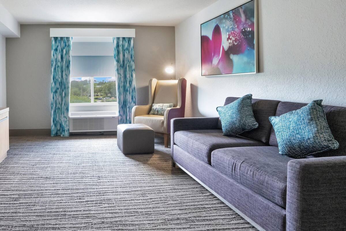 Una camera d'albergo moderna con un divano grigio, una poltrona, un'ampia finestra con tende e un quadro appeso al muro.