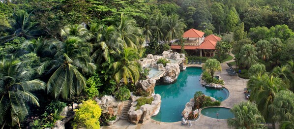 Indoor pool, outdoor pool, sun loungers