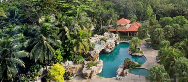 Indoor pool, outdoor pool, sun loungers