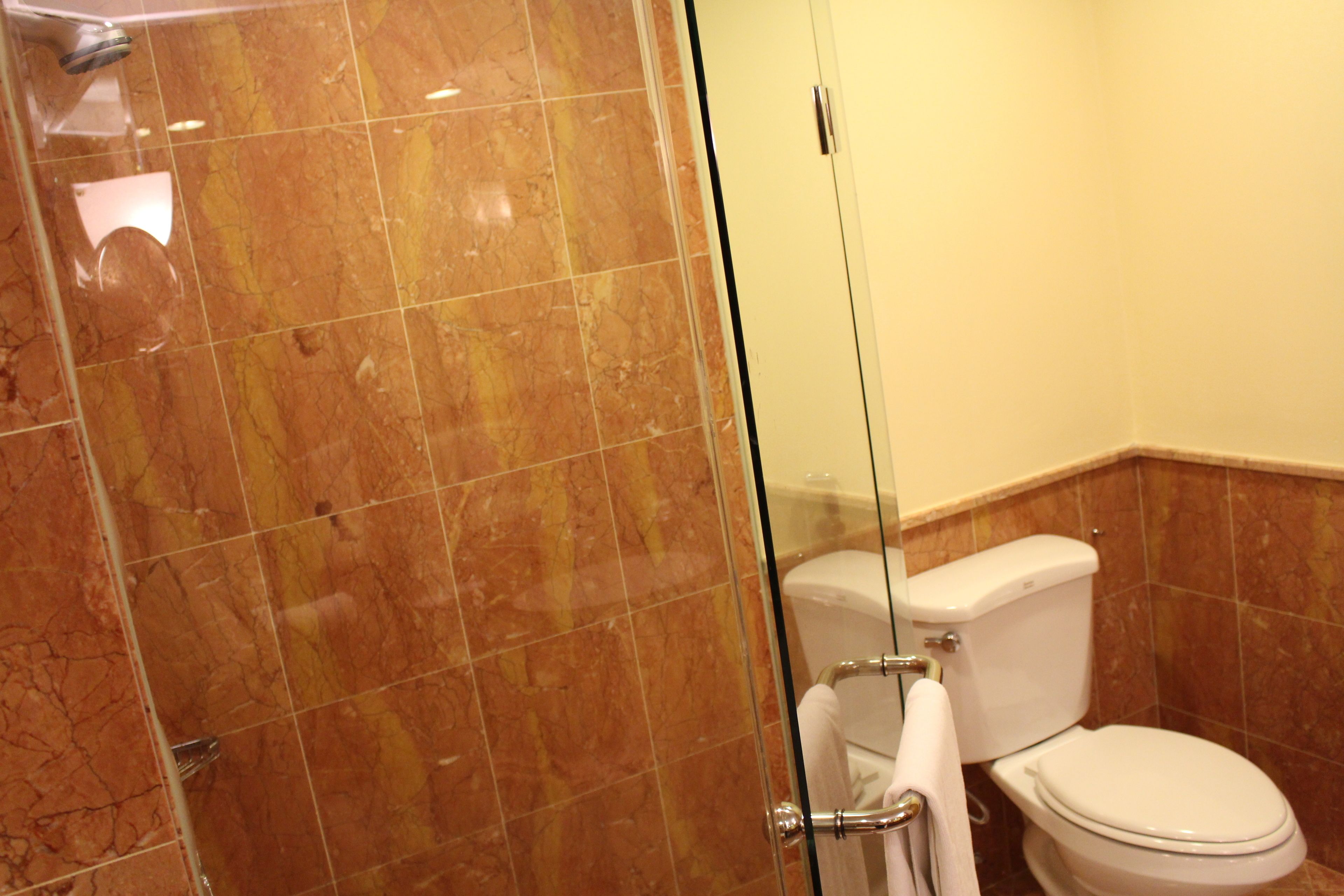 Un baño con ducha envuelta en vidrio, inodoro blanco y suelo de mármol.