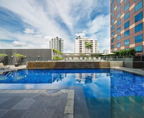 Outdoor pool, pool umbrellas, pool loungers