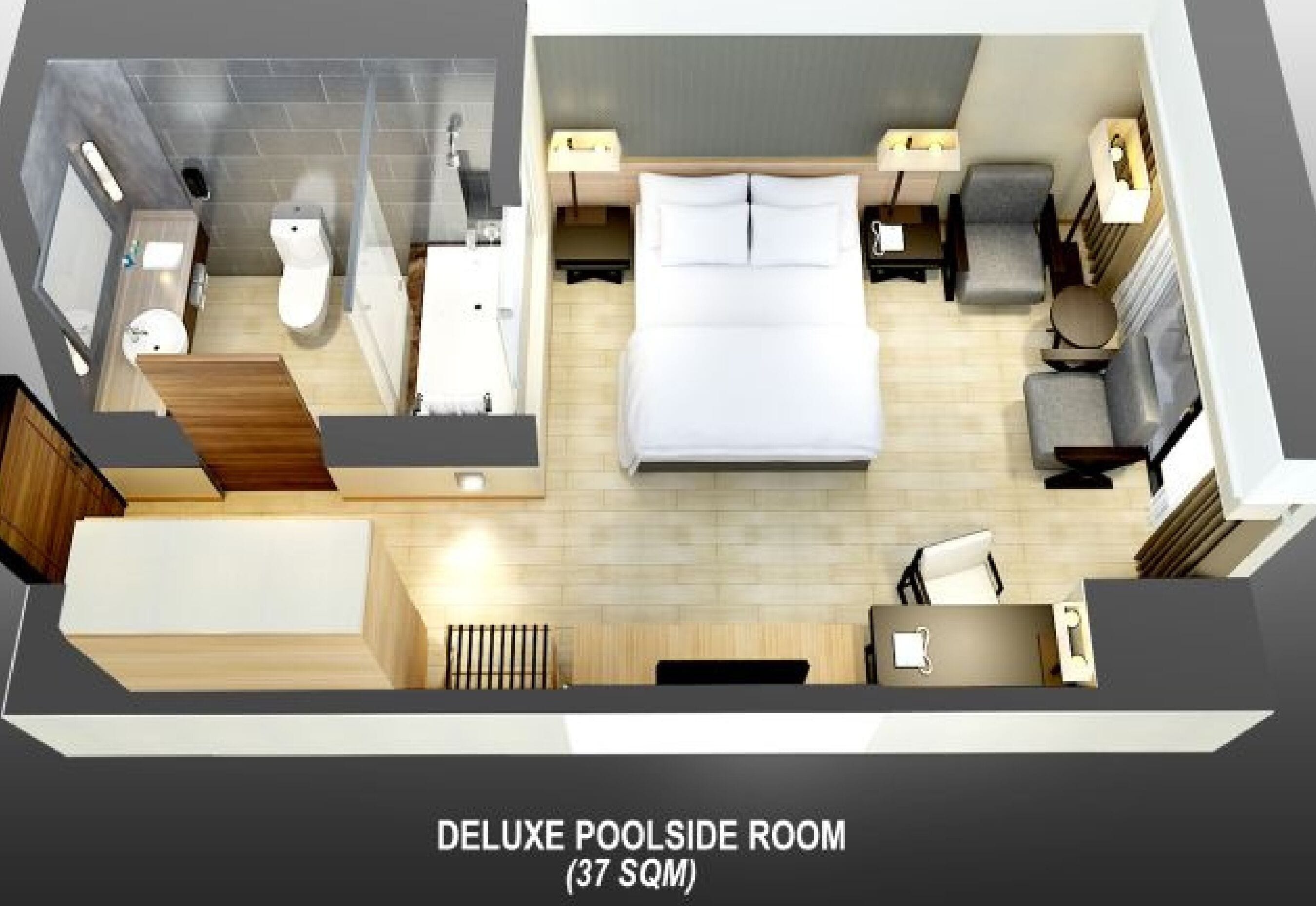 Distribución de una habitación junto a la piscina de lujo, con cama, zona de estar y baño.