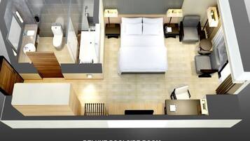 Distribución de una habitación junto a la piscina de lujo, con cama, zona de estar y baño.
