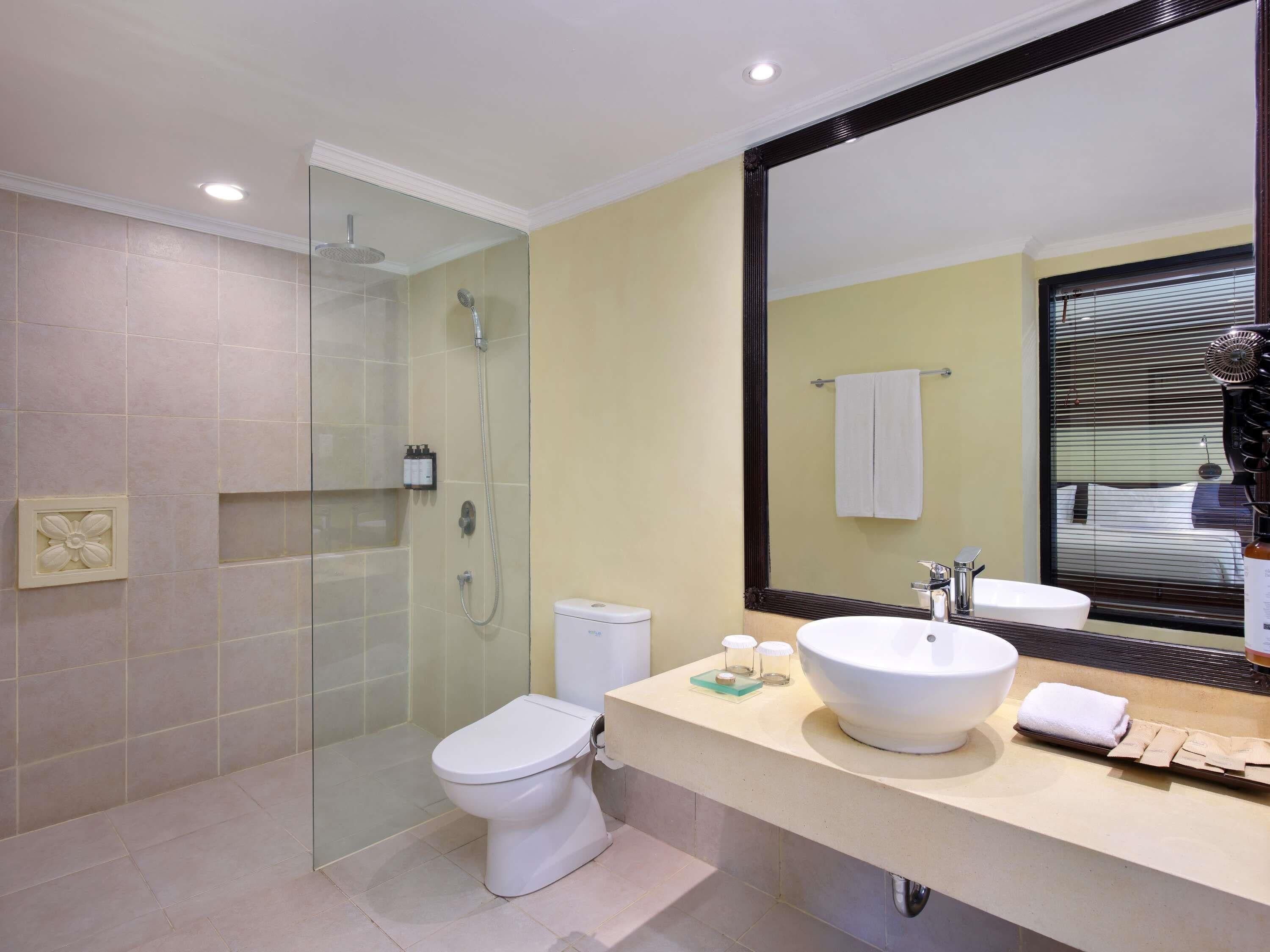 Een badkamer met een douchecabine van glas, een toilet, een wastafel met een grote spiegel erboven en een handdoekhouder.