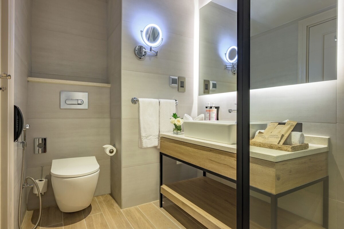 A modern bathroom with a toilet, a sink, a mirror, and a shower.