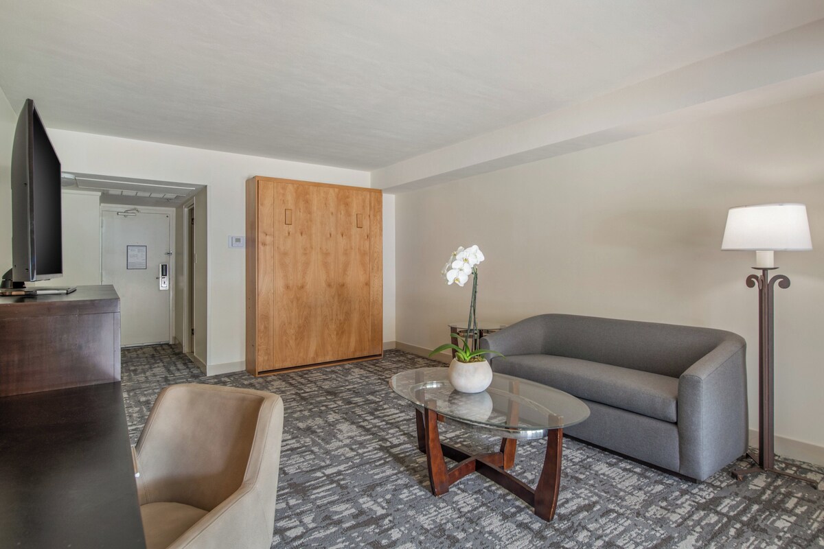 Een hotelkamer met een grijze bank, een glazen salontafel met een potorkidee, een houten garderobe, een televisie op een standaard en een lamp.