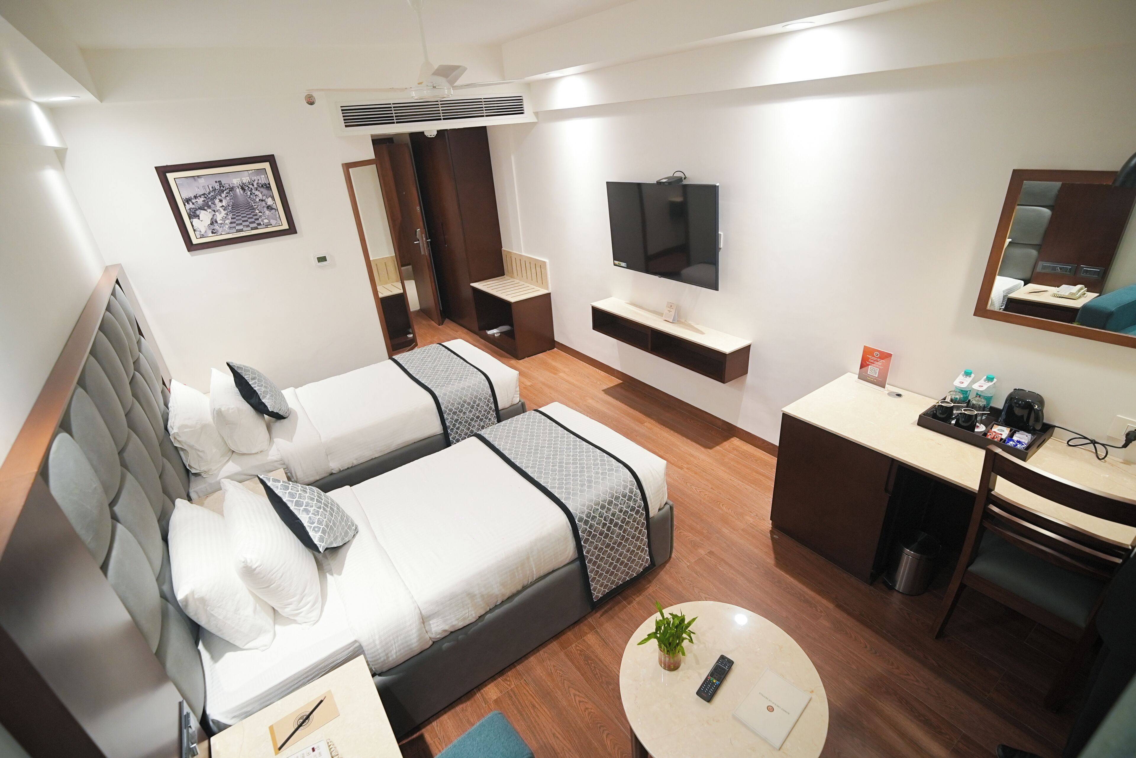 Habitación de hotel con dos camas, un escritorio, un televisor, un espejo y una planta pequeña.