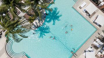 Vista aérea de una piscina con sillas de descanso y palmeras.