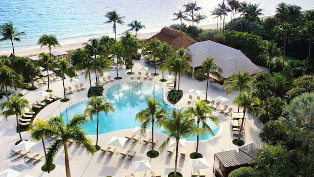 A resort with a central pool surrounded by palm trees and lounge chairs, a beach, and a thatched-roof structure.
