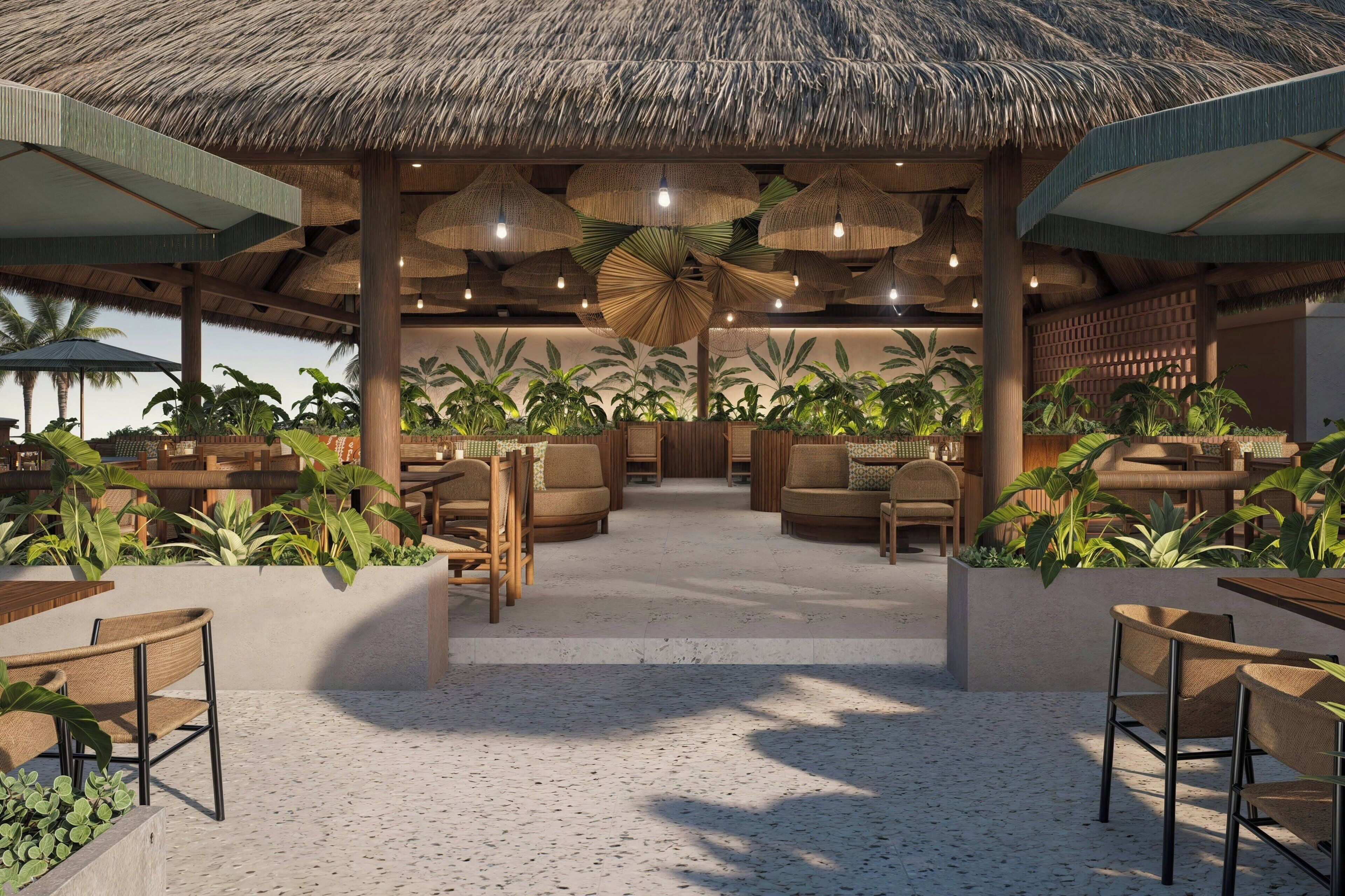 On the beach, white sand, beach cabanas, sun-loungers