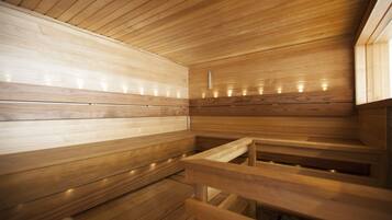A sauna with wooden walls and benches.