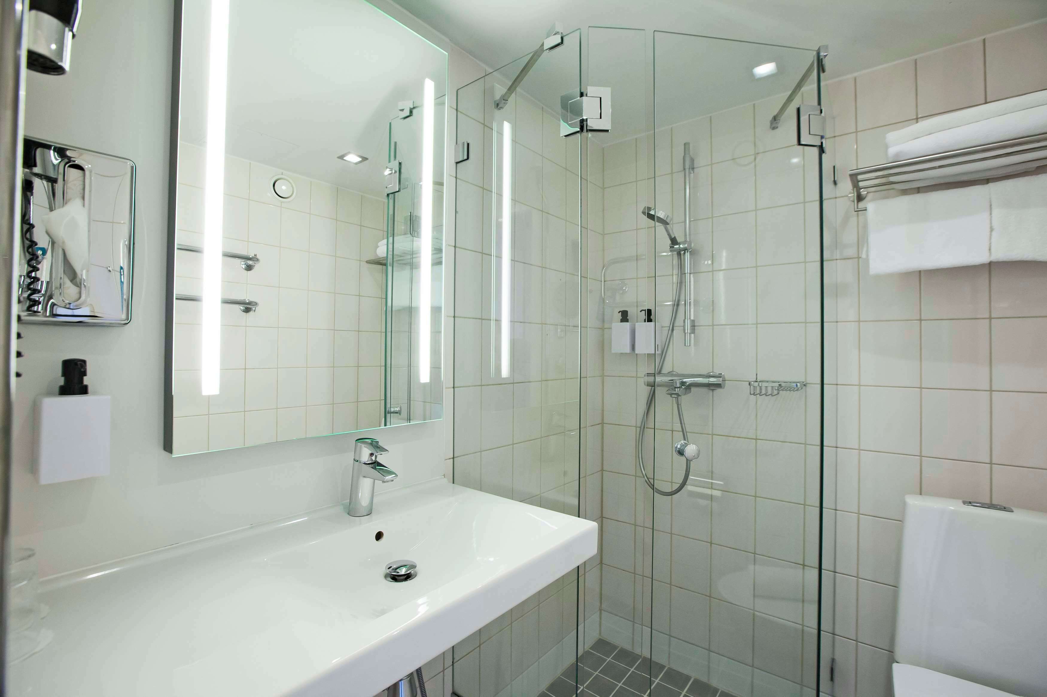 Une salle de bain moderne avec une douche à l’italienne, un lavabo blanc et un grand miroir.