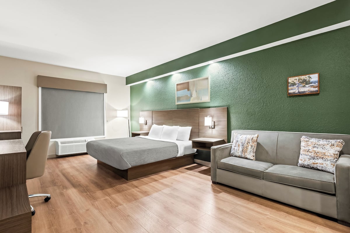 A hotel room with a bed, a sofa, a desk, and a chair.