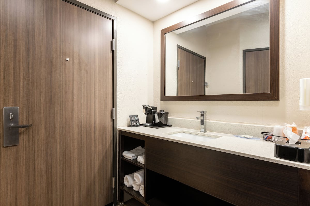 combined shower/bathtub, free toiletries, hair dryer, towels