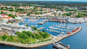 An aerial view of a coastal town with a marina, buildings, and green spaces.