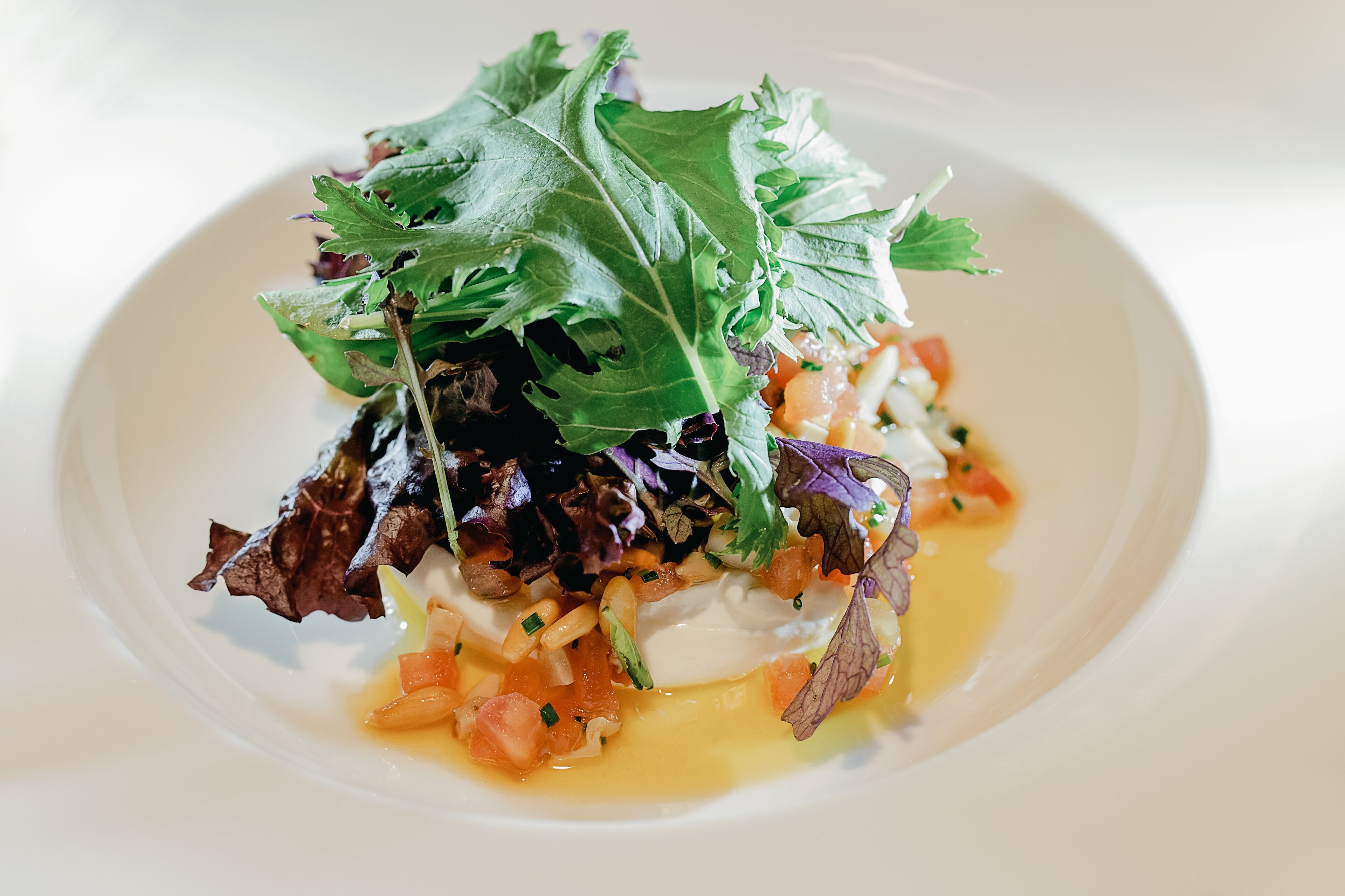 Um prato branco com salada, coberto de vegetais e um pouco de molho.