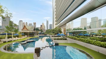 Outdoor pool, free pool cabanas, pool umbrellas