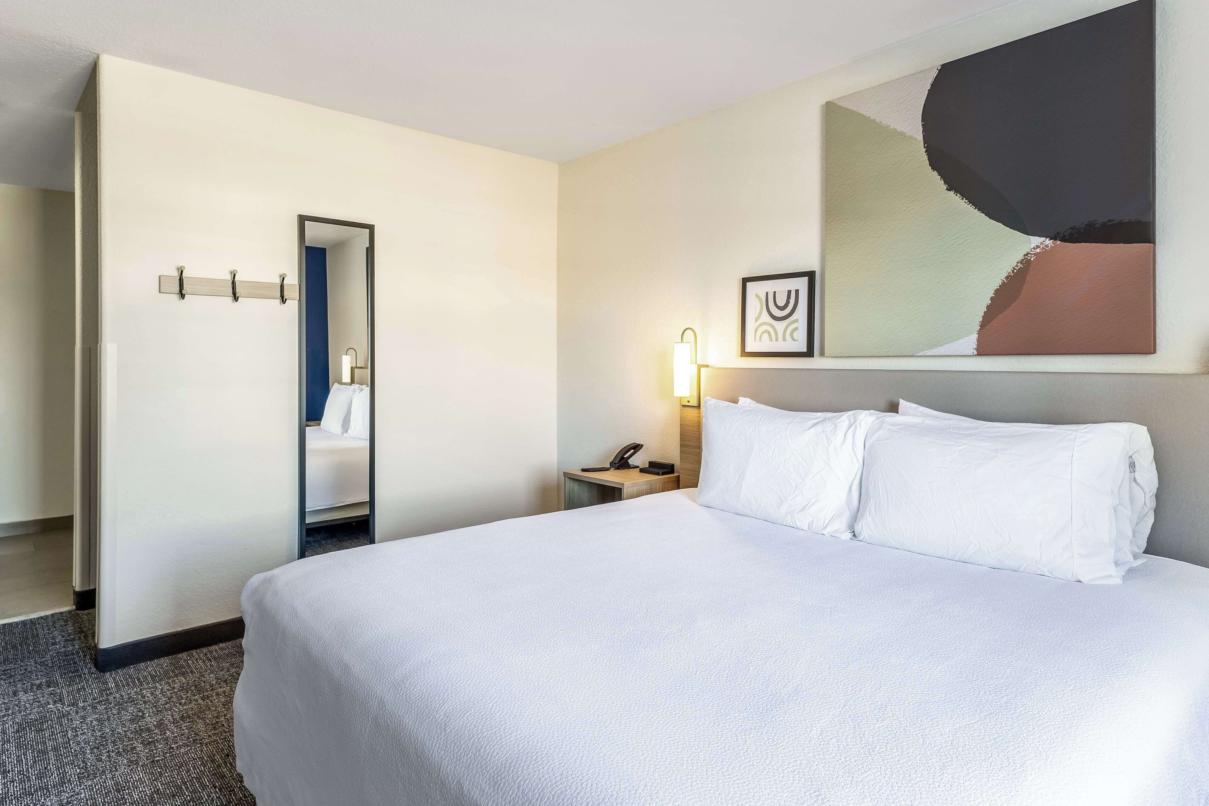 A hotel room with a large bed, a bedside table with a lamp, a mirror, and a painting on the wall.