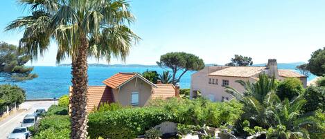 A coastal property with a patio area, palm trees, and a view of the sea.