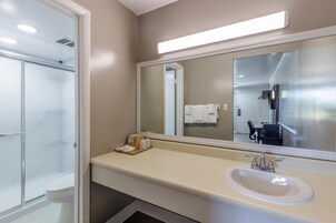 Combined shower/tub, free toiletries, hair dryer, towels