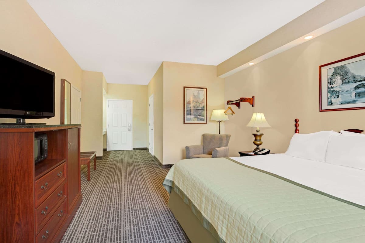 A hotel room with a bed, a television, a desk, a chair, and a lamp.