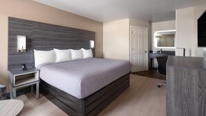 Een moderne hotelkamer met een groot bed, nachtkastjes, een bureau en een flatscreen televisie.