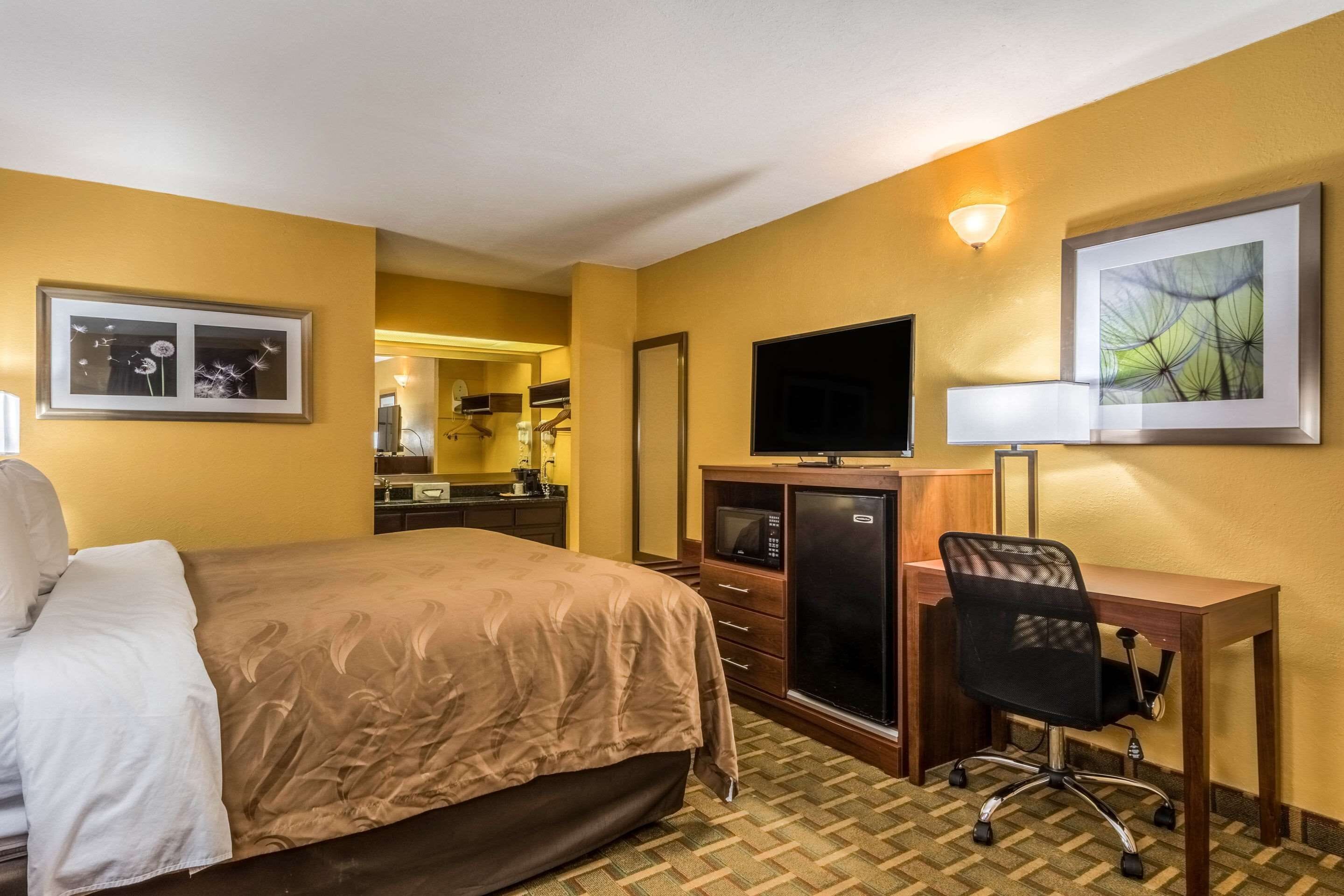 Une chambre d’hôtel équipée d’un lit, d’un bureau, d’une chaise, d’une télévision, d’un four à micro-ondes, d’un réfrigérateur et d’œuvres d’art accrochées aux murs.