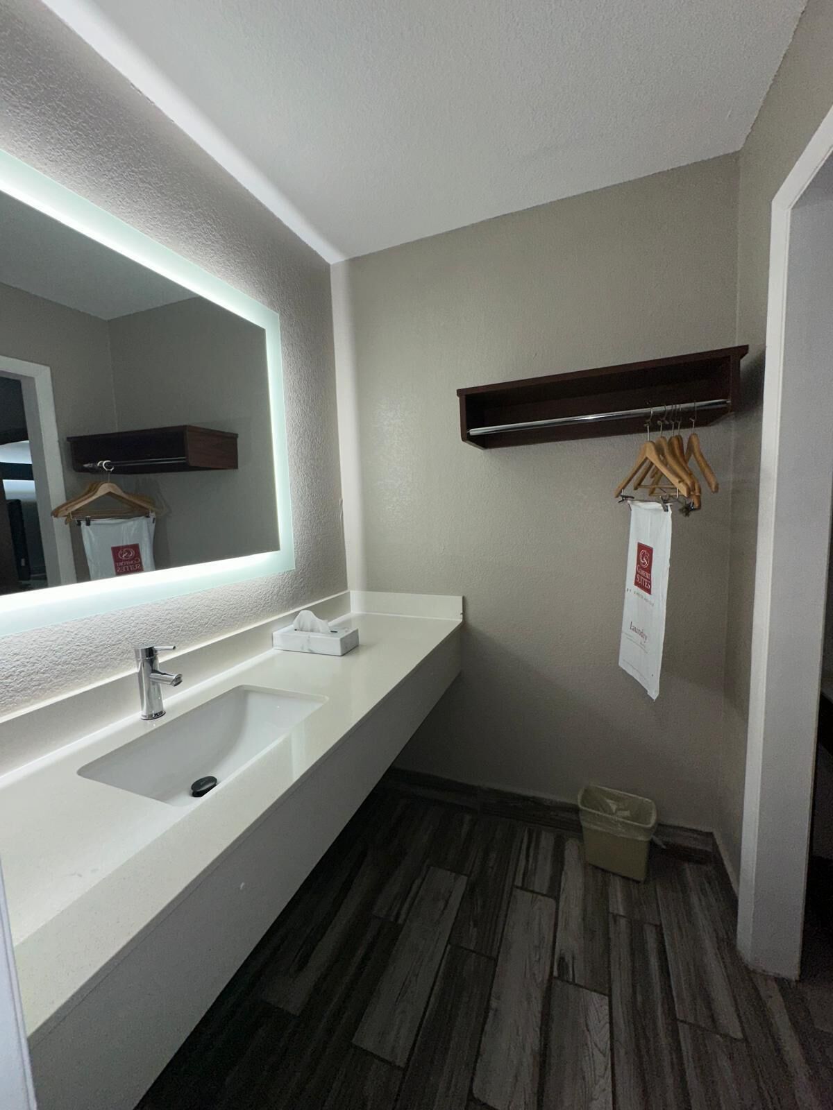 Un baño moderno con un lavamanos blanco, un espejo grande y un estante de madera con perchas.