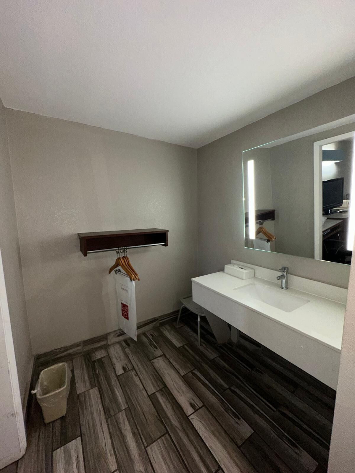 A bathroom with a white sink, a mirror, and a wooden floor.