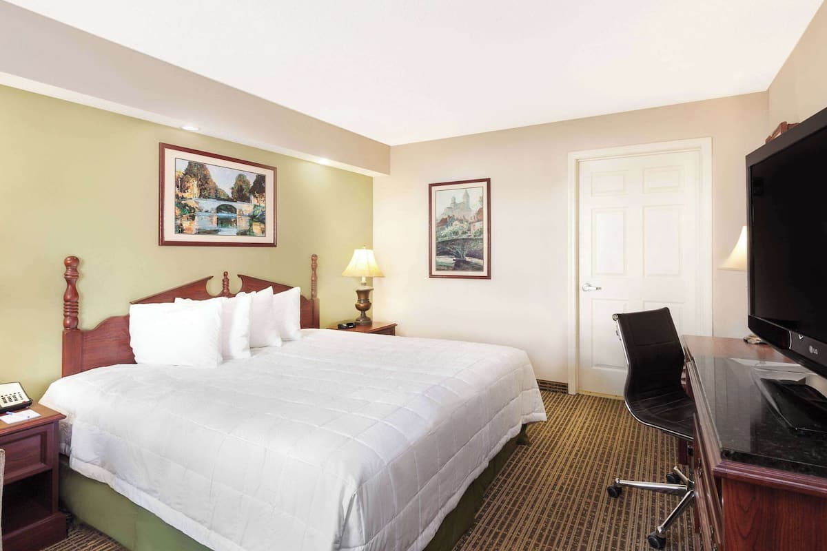 A hotel room with a large bed, a desk with a television, a chair, and two paintings on the walls.