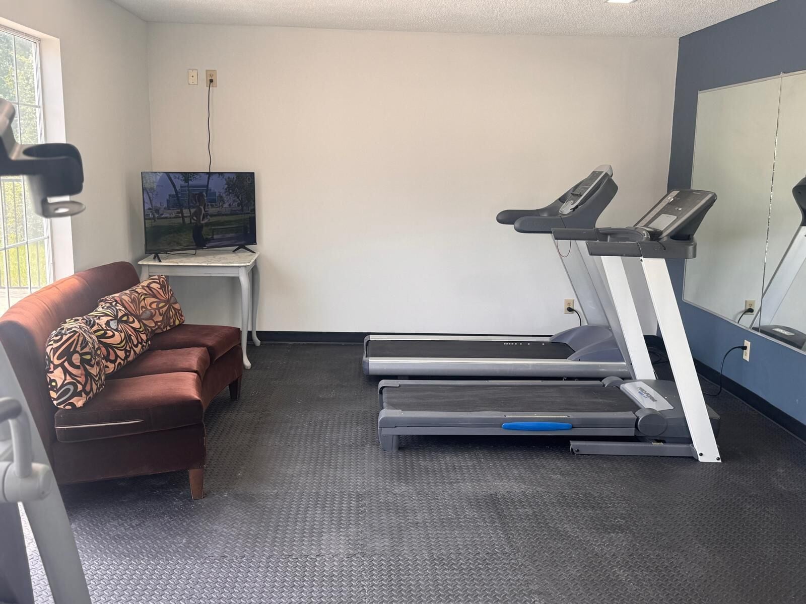 A room with a treadmill, a sofa with a patterned pillow, a small table with a TV, and a large mirror on the wall.