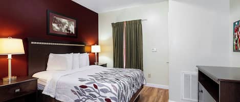 Premium bedding, desk, blackout curtains, iron/ironing board