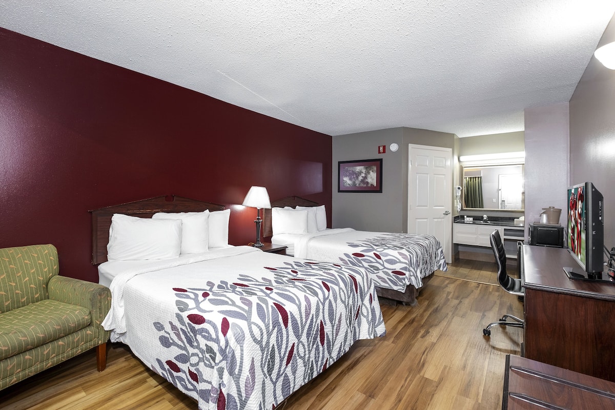 Premium bedding, desk, blackout curtains, iron/ironing board