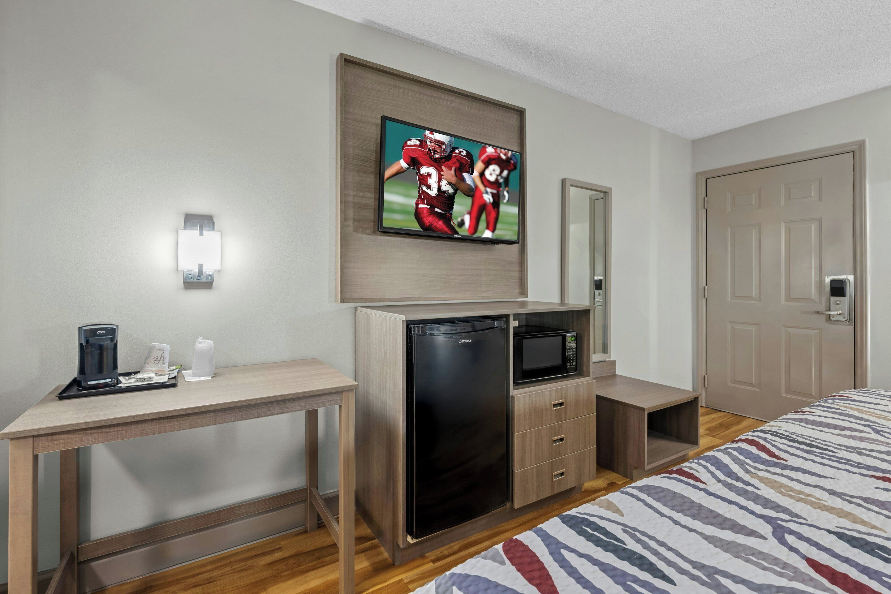 Premium bedding, desk, blackout drapes, iron/ironing board