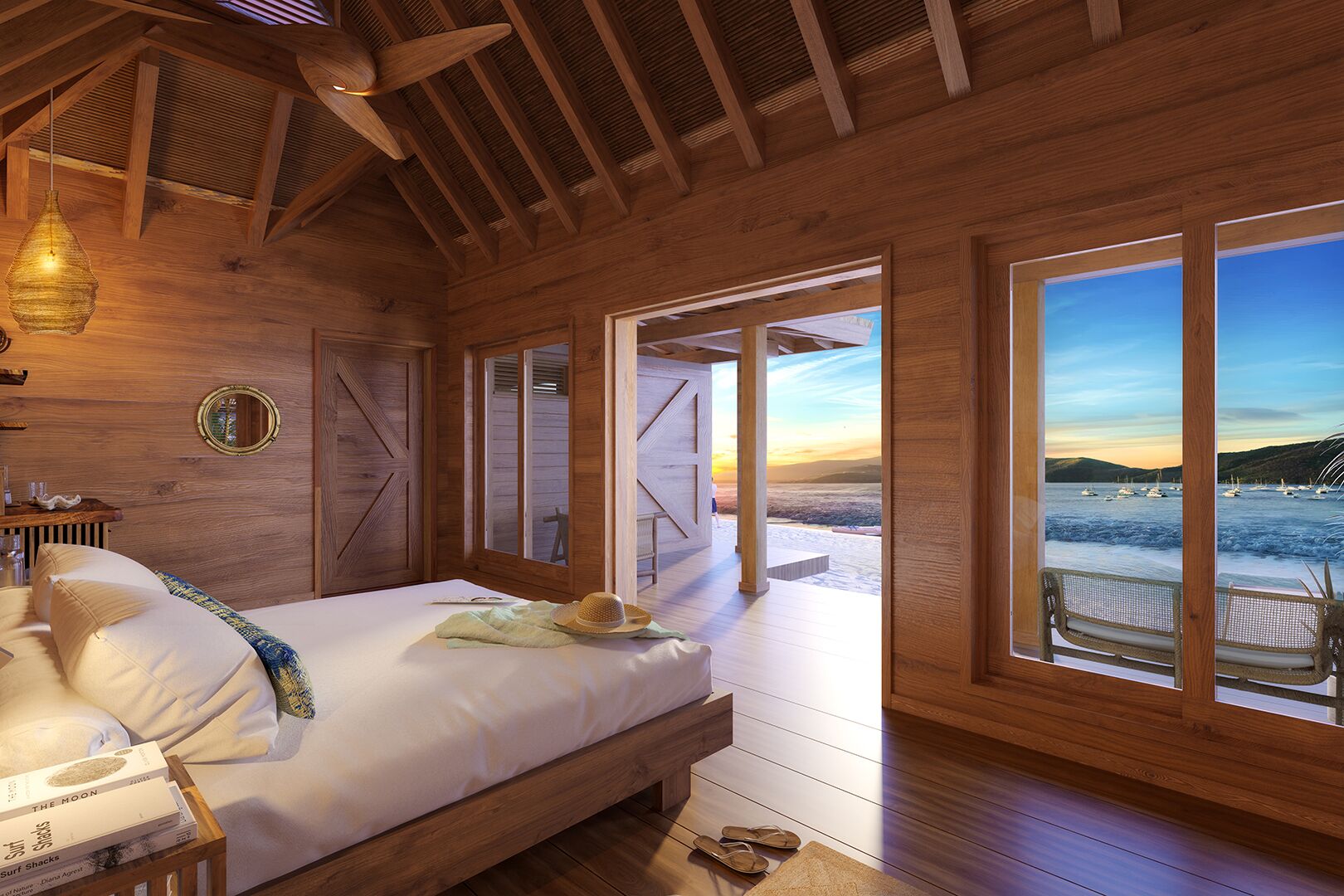 A wooden bedroom with a bed, a nightstand, and a view of boats on water.