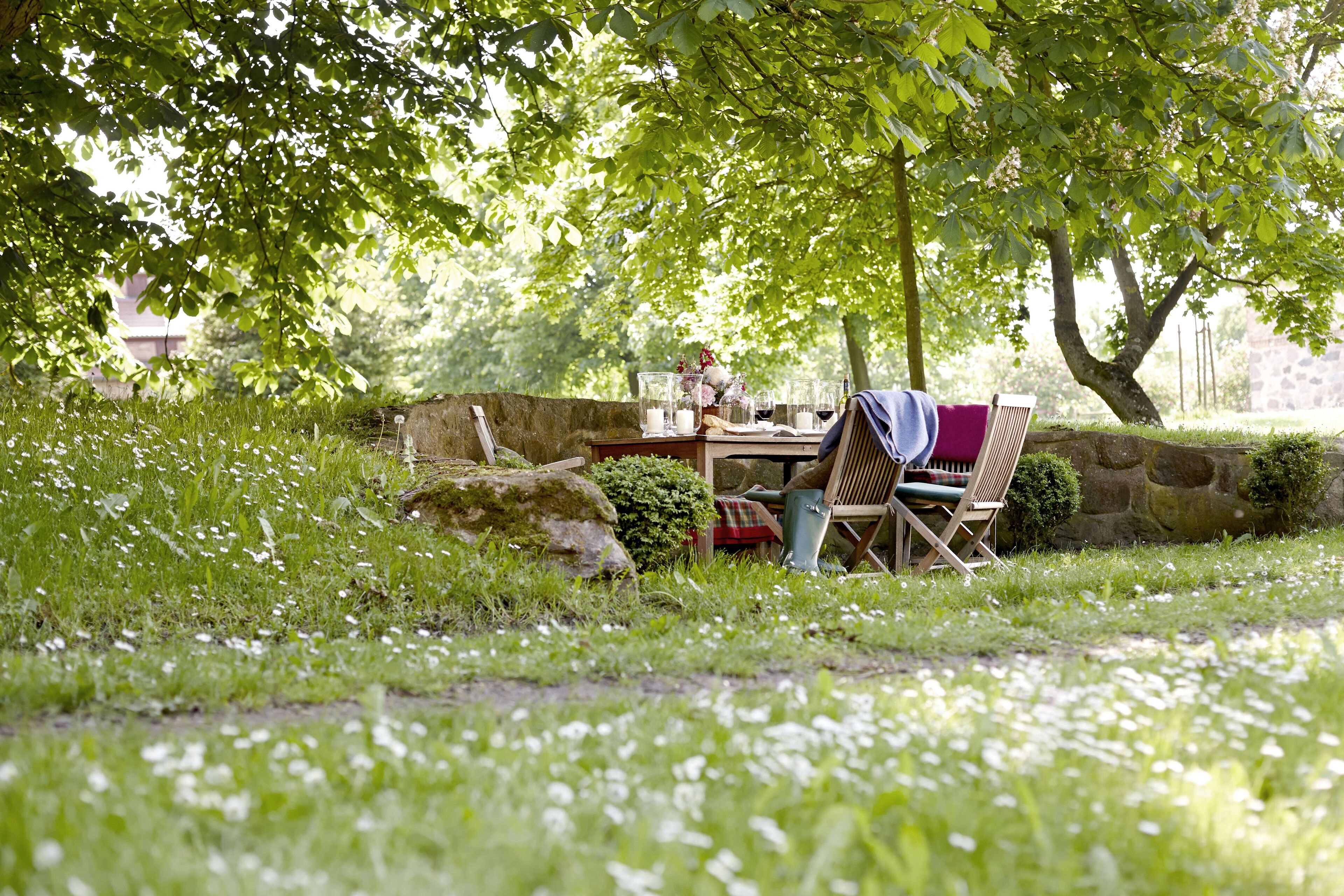 An outdoor dining area with a stone wall, wooden table, chairs, and a small tree providing shade.