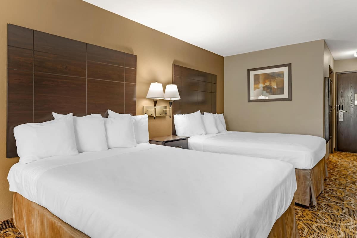 Ein Hotelzimmer mit zwei Betten, einem Nachttisch mit Lampen, einem gerahmten Bild an der Wand und einem gemusterten Teppich.