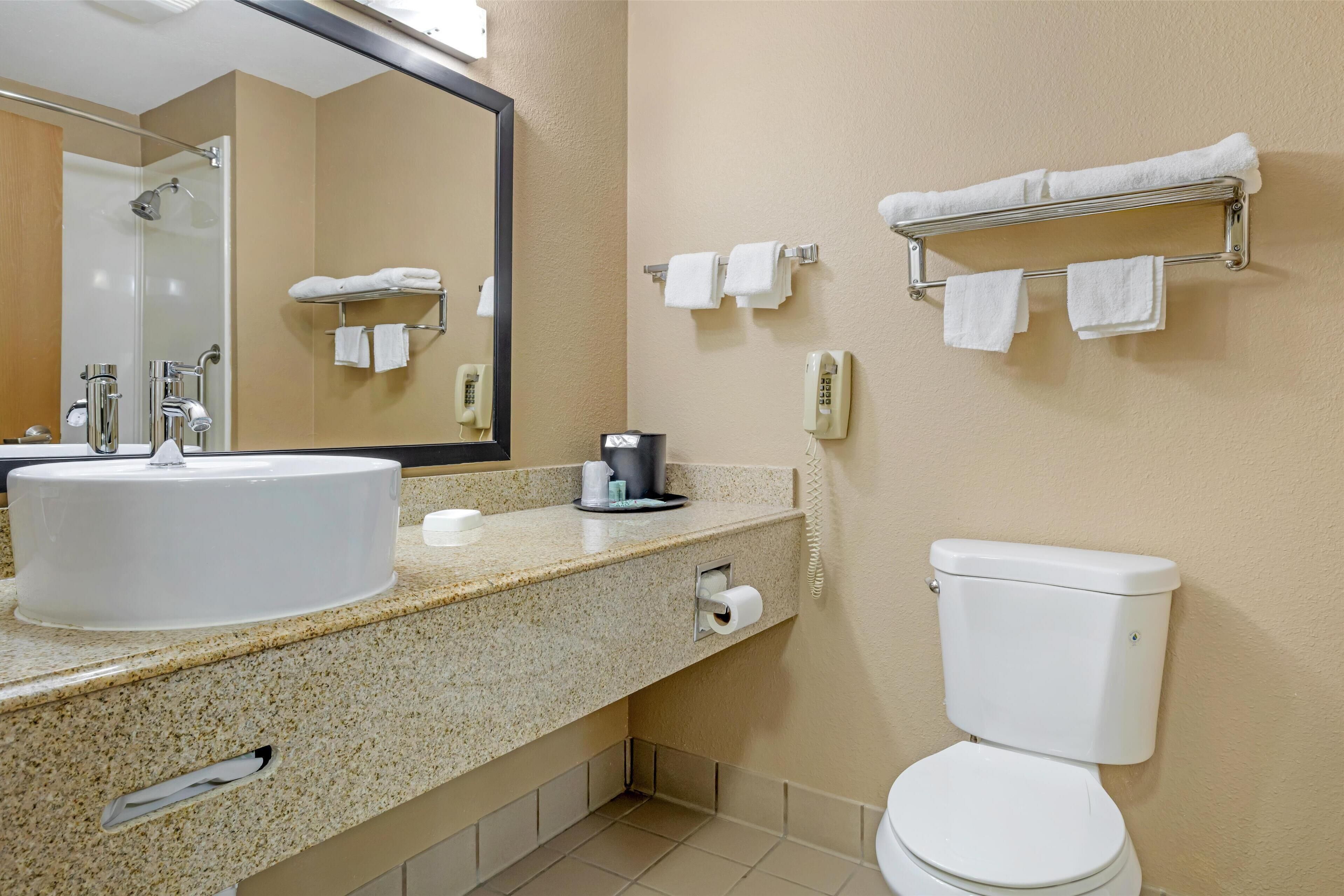 combined shower/bathtub, free toiletries, hair dryer, towels