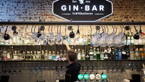 Un bar con un letrero que dice 'GIN BAR' y una variedad de botellas y vasos en estanterías.