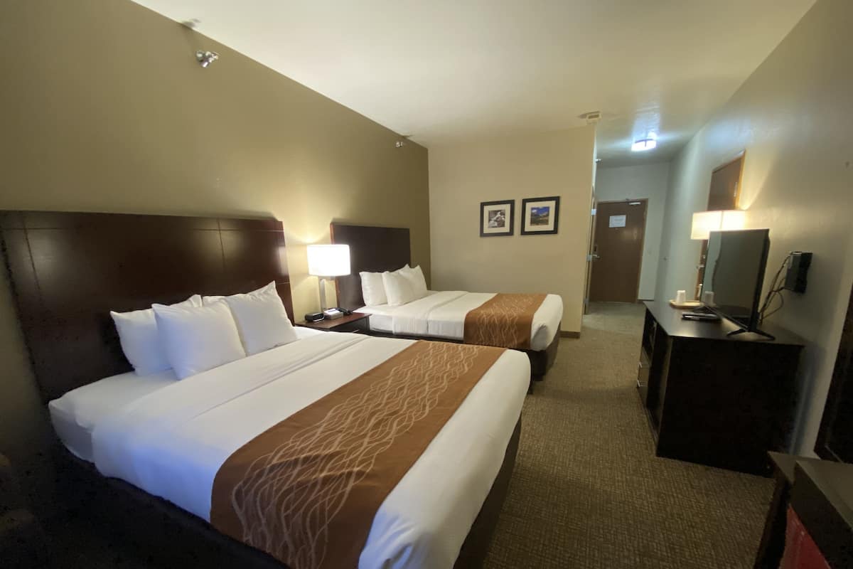 Habitación de hotel con dos camas, un escritorio, una silla, un televisor y una lámpara.