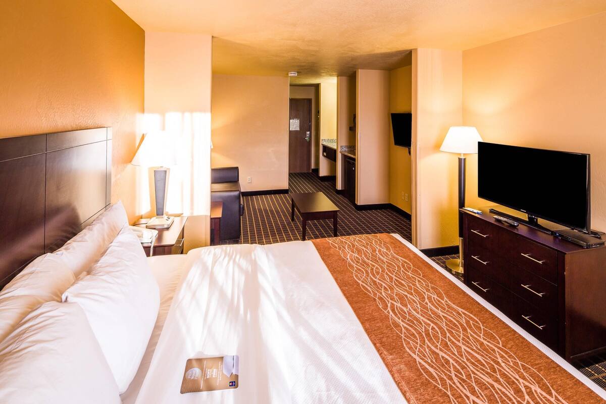 Una habitación de hotel con una cama grande, televisión, escritorio y lámpara.