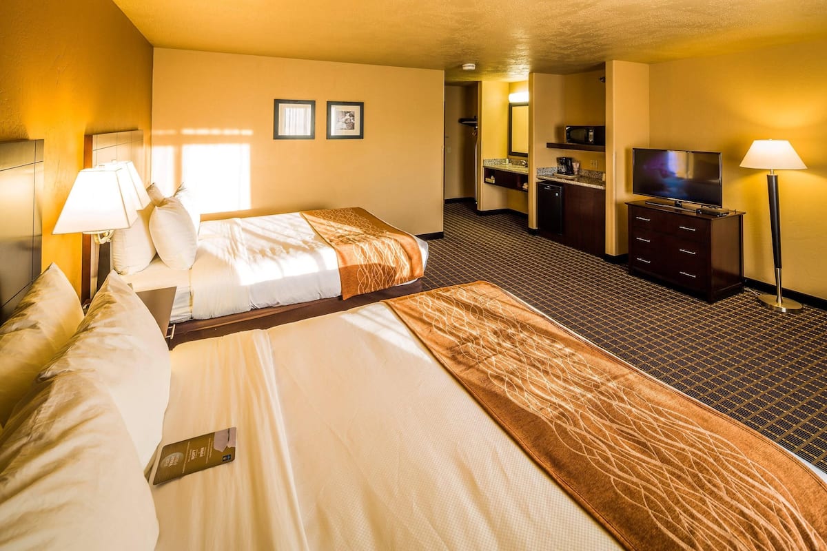 Habitación de hotel con dos camas, televisión, escritorio y baño.